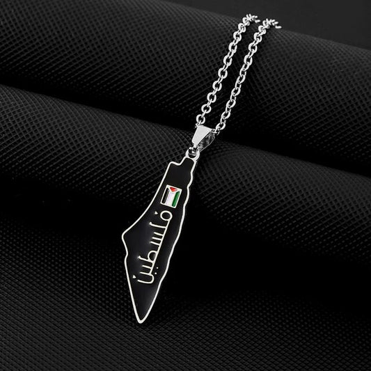 Palestine map necklace with flag and arabic